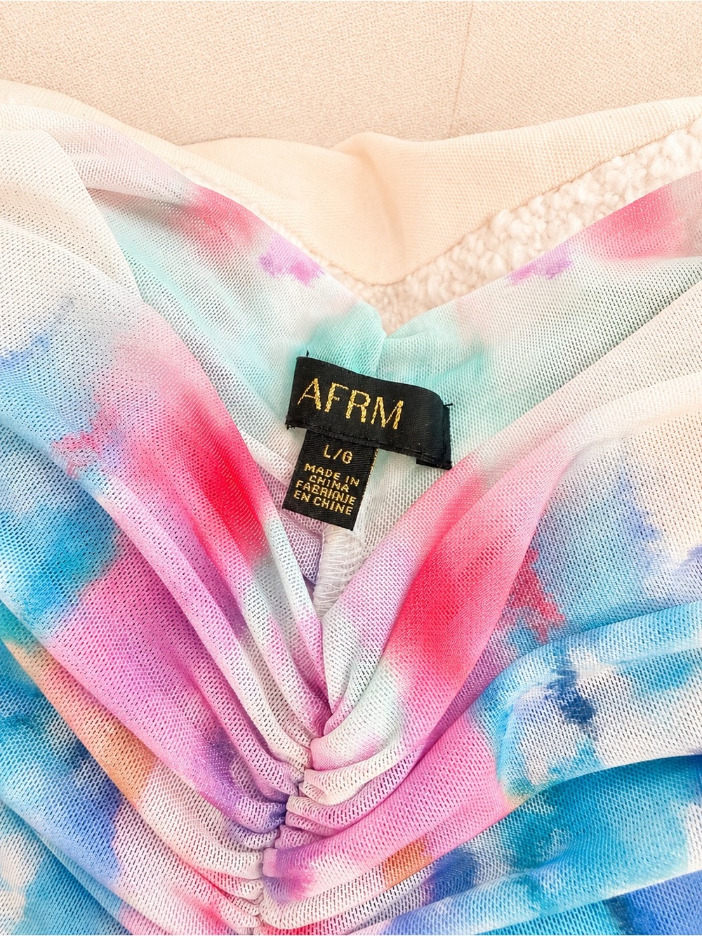 AFRM White Rouged Mesh Top with Blue, Green & Pink Watercolor Print - Size L - Picture 3 of 3